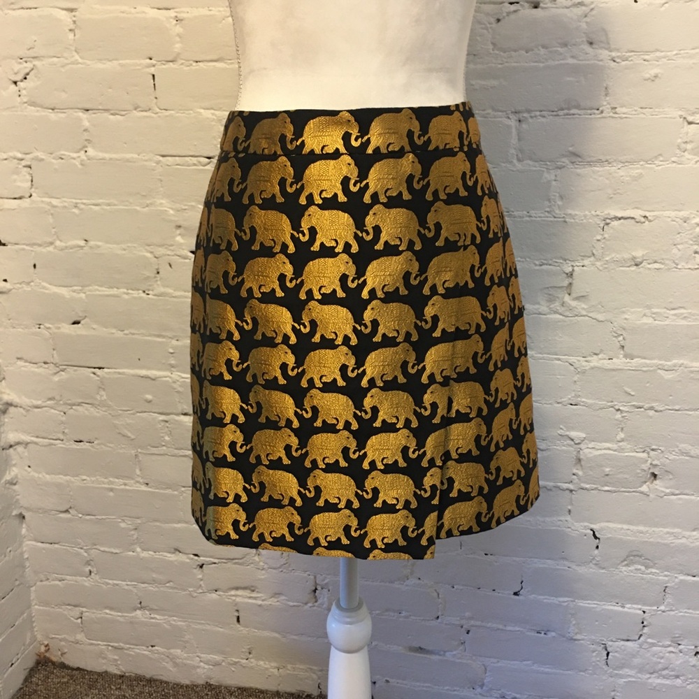 J. Crew metallic elephant mini skirt jacquard wrap gold black size 4